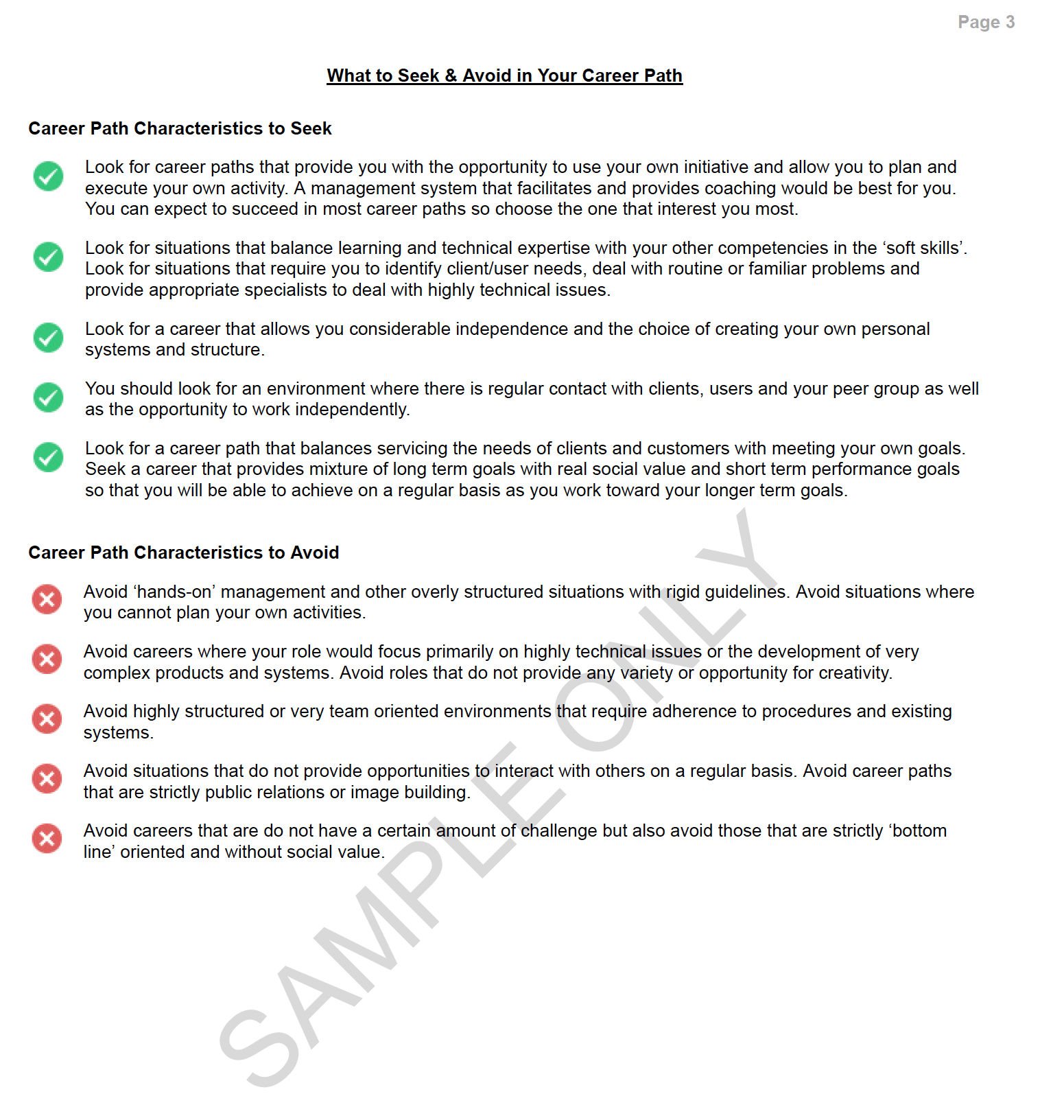 snapshort of page regarding what to seek and avoid in your career path